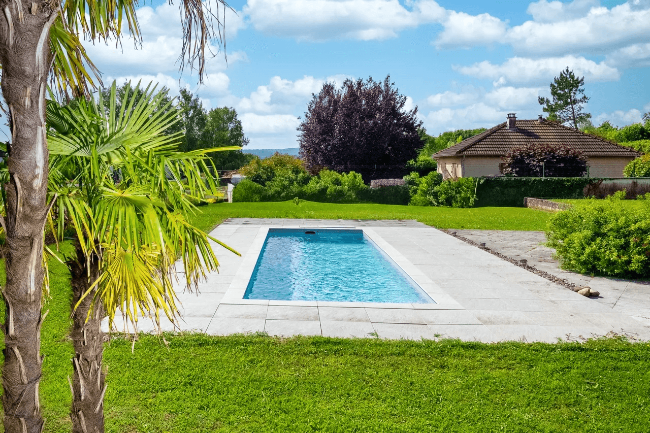 Jardin paysager avec piscine et palmier — extérieur d’une location saisonnière
